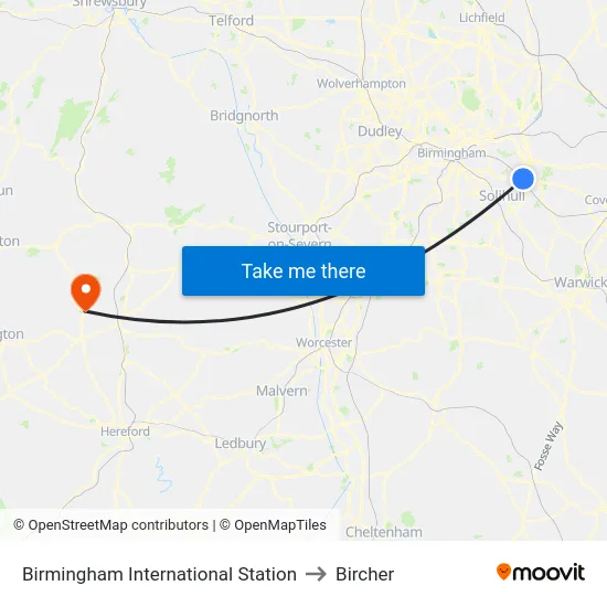 Birmingham International Station to Bircher map