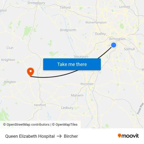 Queen Elizabeth Hospital to Bircher map
