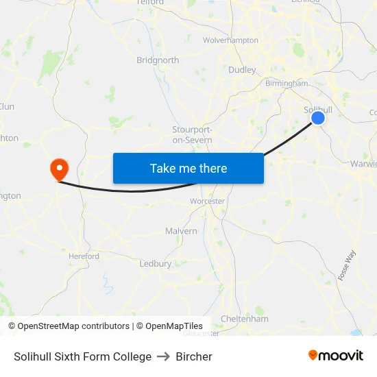 Solihull Sixth Form College to Bircher map