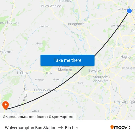 Wolverhampton Bus Station to Bircher map