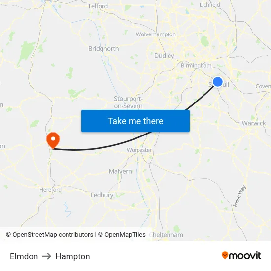 Elmdon to Hampton map