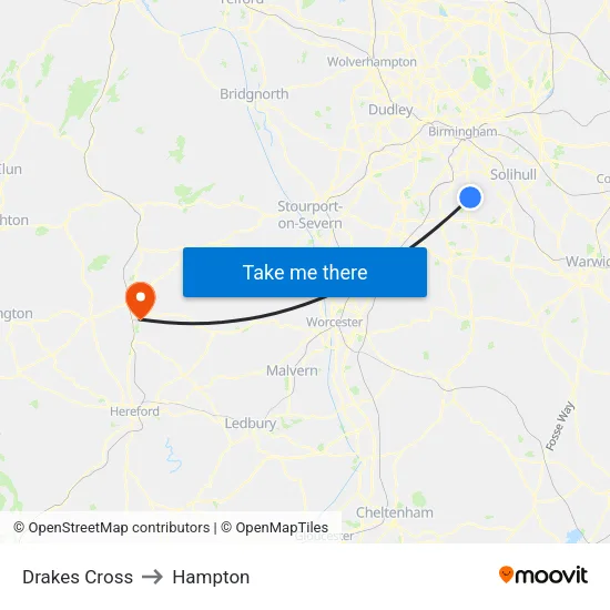 Drakes Cross to Hampton map