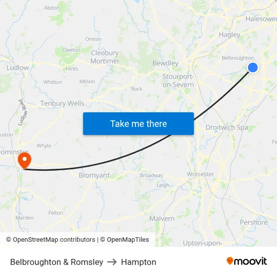 Belbroughton & Romsley to Hampton map