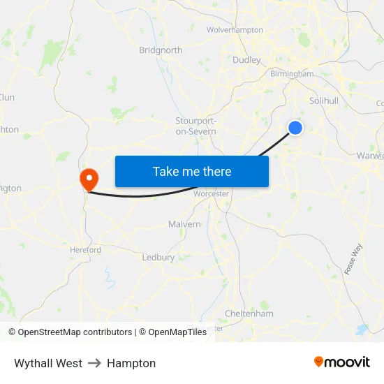 Wythall West to Hampton map