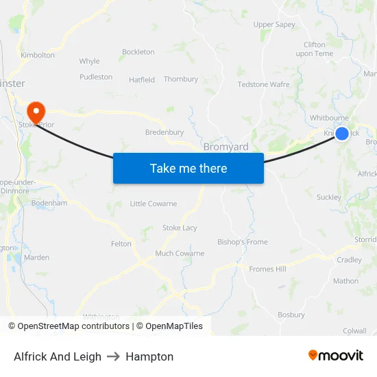 Alfrick And Leigh to Hampton map
