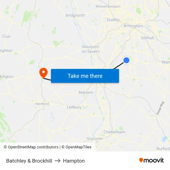 Batchley & Brockhill to Hampton map