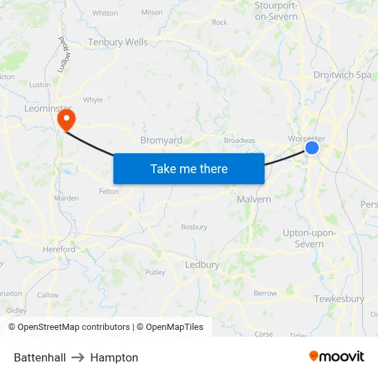 Battenhall to Hampton map