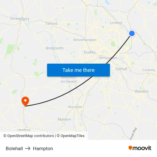 Bolehall to Hampton map