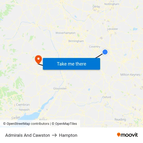 Admirals And Cawston to Hampton map
