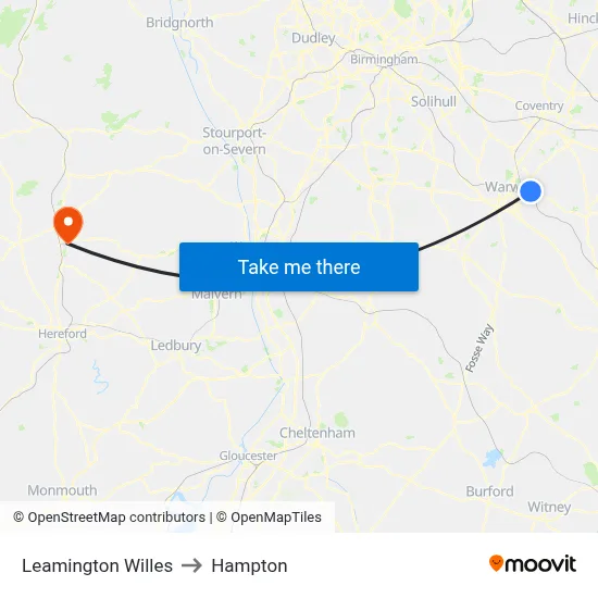 Leamington Willes to Hampton map