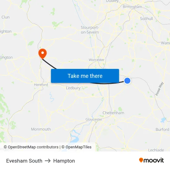 Evesham South to Hampton map