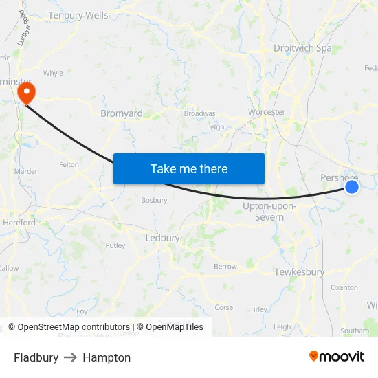 Fladbury to Hampton map