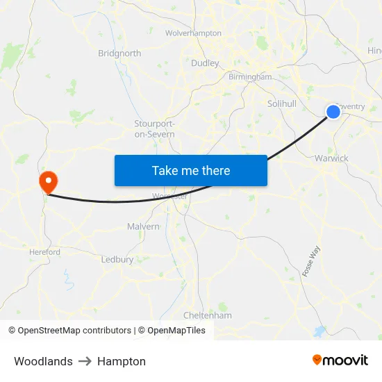 Woodlands to Hampton map