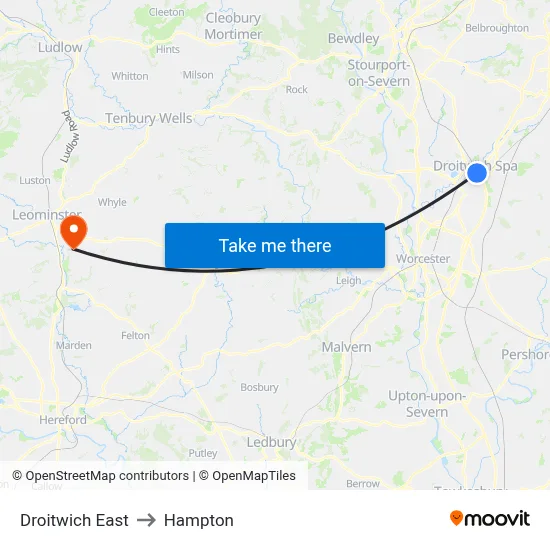 Droitwich East to Hampton map