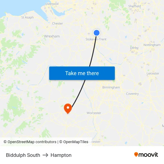 Biddulph South to Hampton map