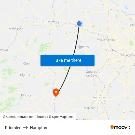 Priorslee to Hampton map