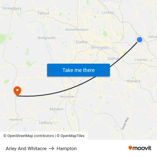 Arley And Whitacre to Hampton map