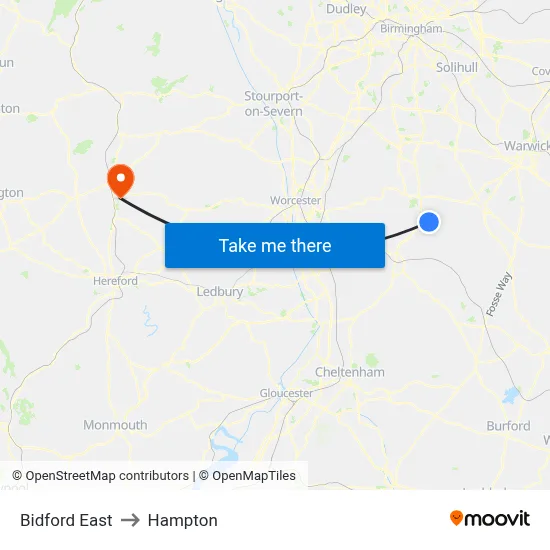 Bidford East to Hampton map