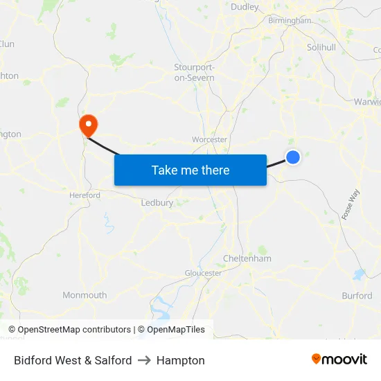 Bidford West & Salford to Hampton map