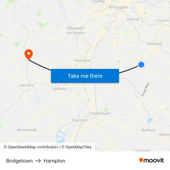 Bridgetown to Hampton map
