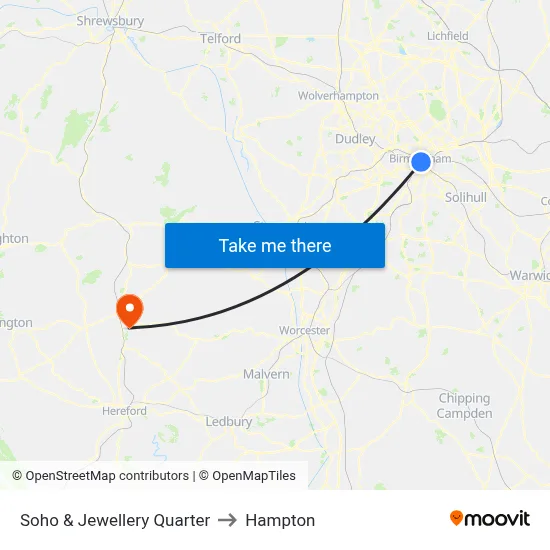 Soho & Jewellery Quarter to Hampton map