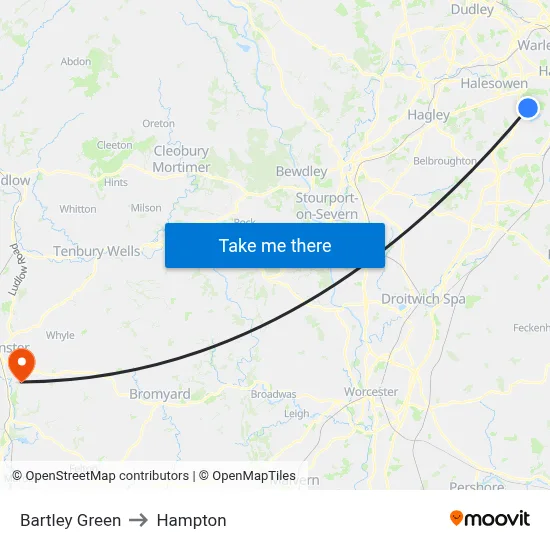 Bartley Green to Hampton map