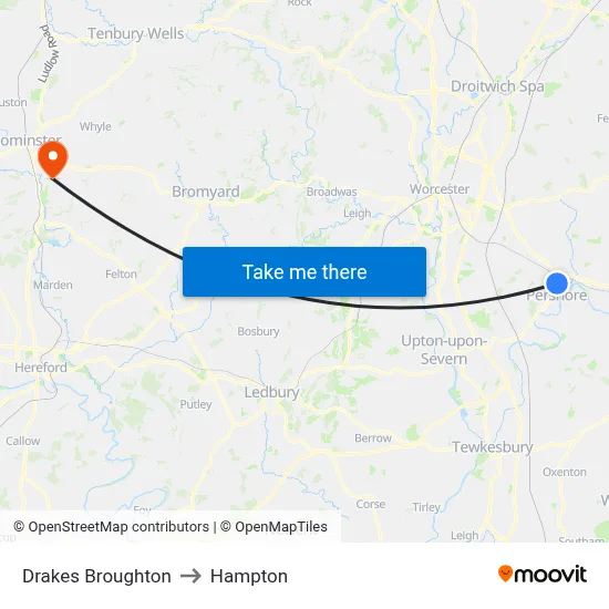 Drakes Broughton to Hampton map