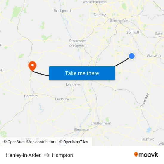 Henley-In-Arden to Hampton map