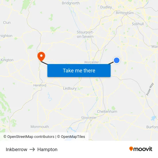 Inkberrow to Hampton map