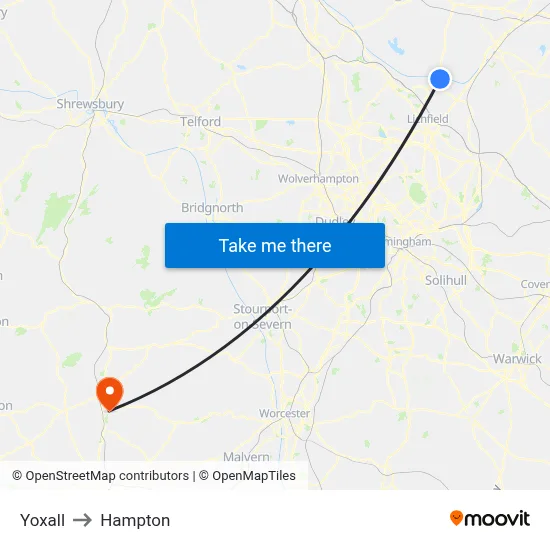 Yoxall to Hampton map