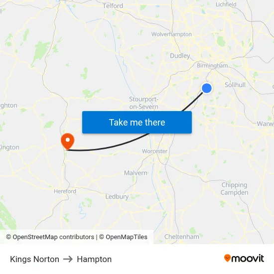 Kings Norton to Hampton map