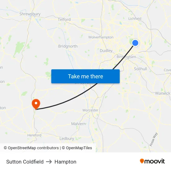 Sutton Coldfield to Hampton map