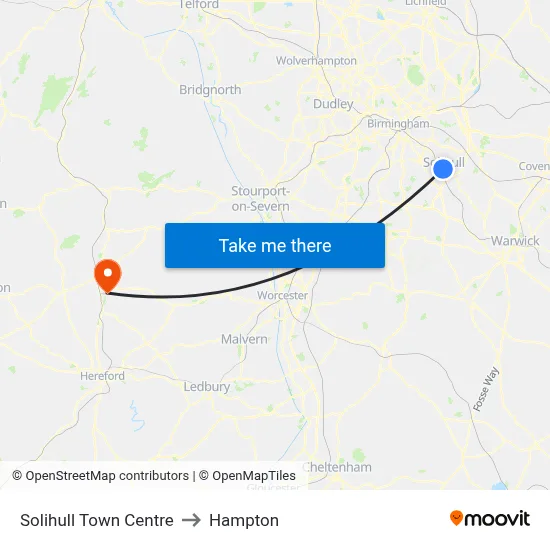 Solihull Town Centre to Hampton map