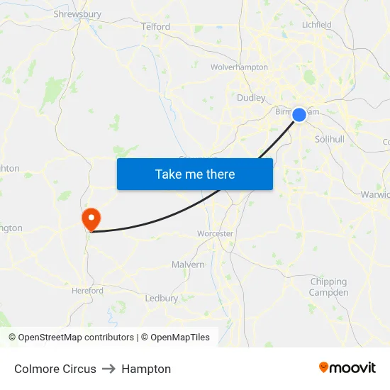 Colmore Circus to Hampton map