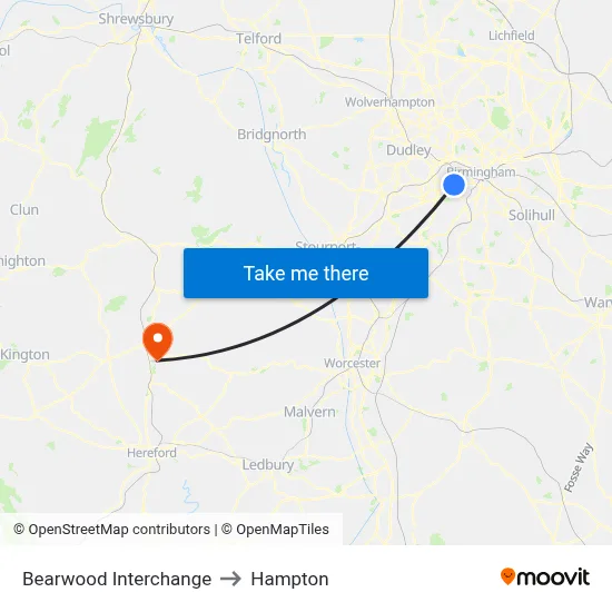 Bearwood Interchange to Hampton map