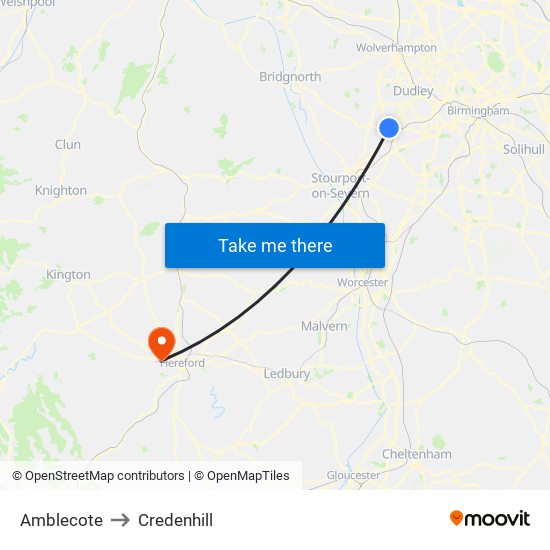 Amblecote to Credenhill map