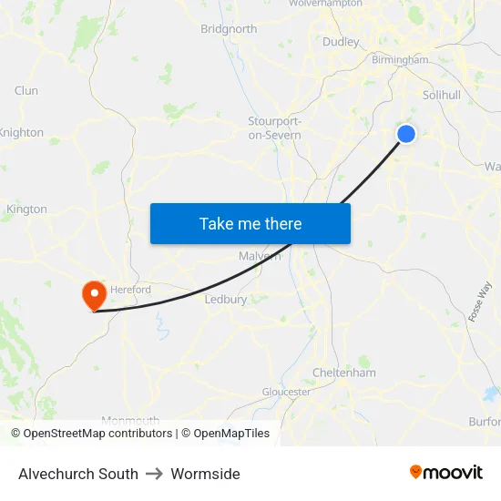Alvechurch South to Wormside map