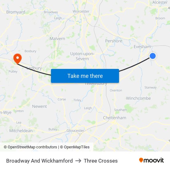 Broadway And Wickhamford to Three Crosses map