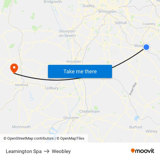 Leamington Spa to Weobley map