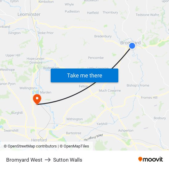 Bromyard West to Sutton Walls map