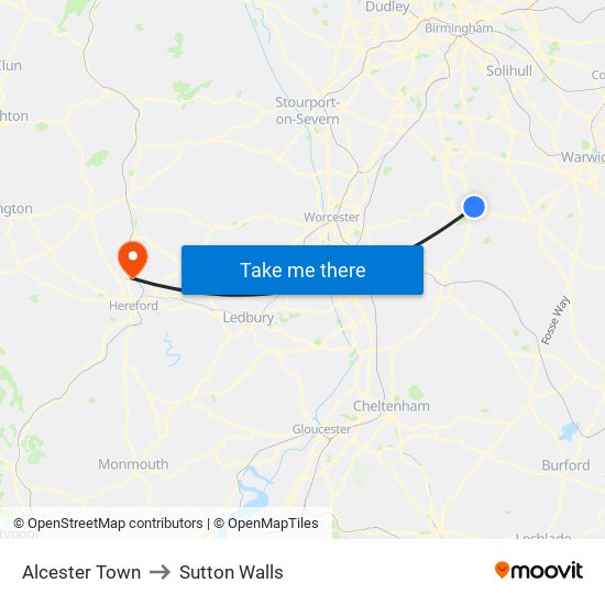 Alcester Town to Sutton Walls map