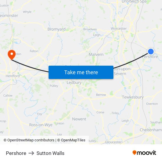 Pershore to Sutton Walls map