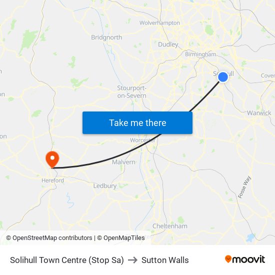 Solihull Town Centre (Stop Sa) to Sutton Walls map