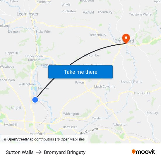 Sutton Walls to Bromyard Bringsty map