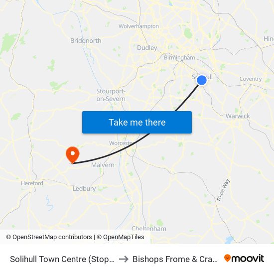 Solihull Town Centre (Stop Sa) to Bishops Frome & Cradley map