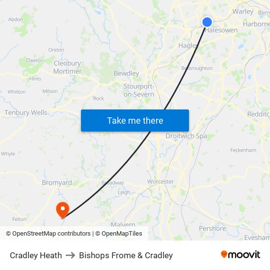 Cradley Heath to Bishops Frome & Cradley map