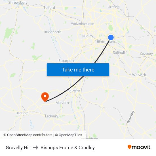 Gravelly Hill to Bishops Frome & Cradley map