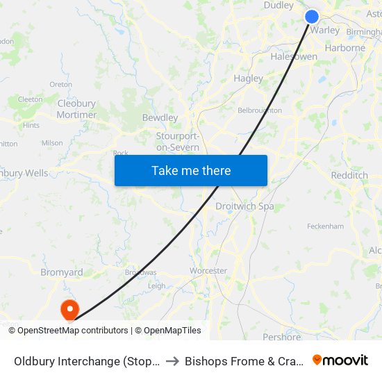 Oldbury Interchange (Stop Oe) to Bishops Frome & Cradley map