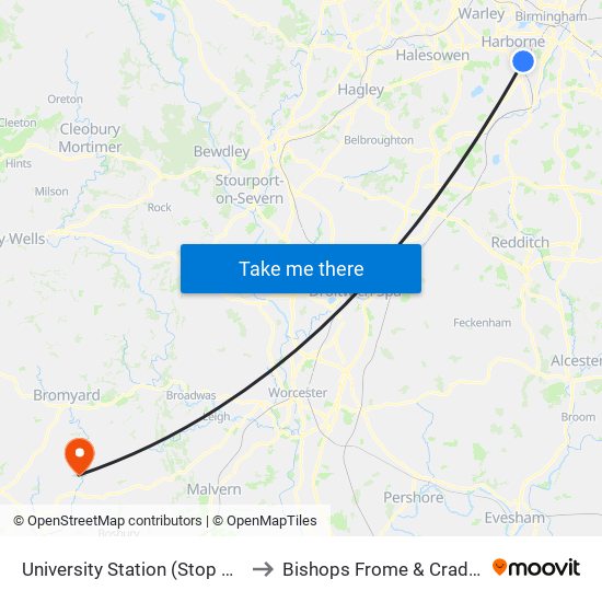 University Station (Stop Qd) to Bishops Frome & Cradley map