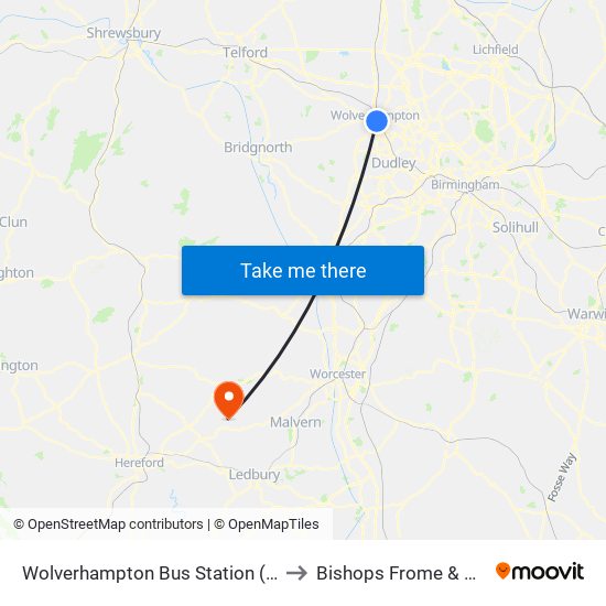 Wolverhampton Bus Station (Stand D) to Bishops Frome & Cradley map